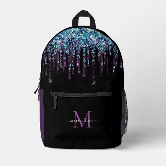 Gepersonaliseerde monogram blauwe agaat glitter bedrukte rugzak (Voorkant)