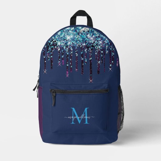 Gepersonaliseerde monogram blauwe agaat glitter bedrukte rugzak (Voorkant)