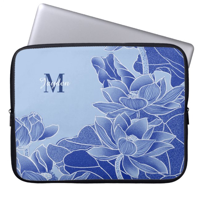 Gepersonaliseerde Monogram Blauwe Bloemen Lotus Ma Laptop Sleeve (Voorkant)
