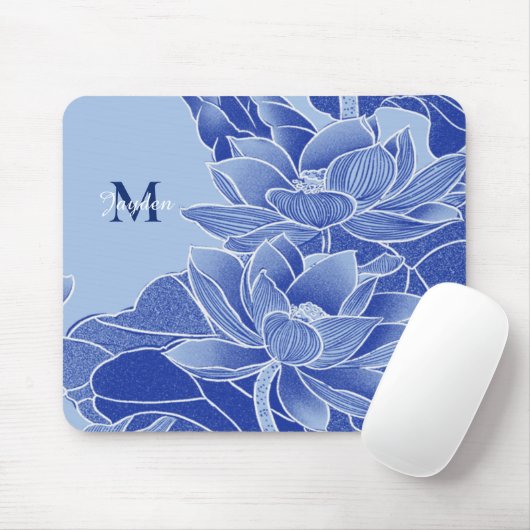 Gepersonaliseerde Monogram Blauwe Bloemen Lotus Ma Muismat (Met muis)