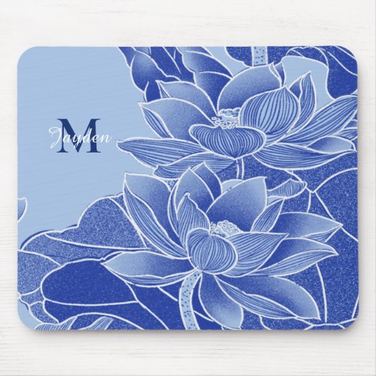 Gepersonaliseerde Monogram Blauwe Bloemen Lotus Ma Muismat (Voorkant)