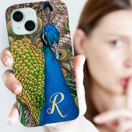Gepersonaliseerde Monogram Blauwe Peacock Foto iPhone 15 Case