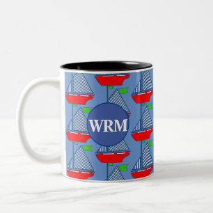 Gepersonaliseerde Monogram Blauwe Zeilboot Koffie  Tweekleurige Koffiemok