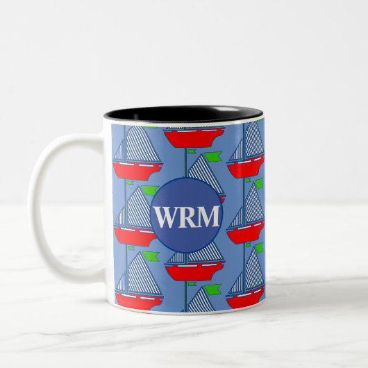 Gepersonaliseerde Monogram Blauwe Zeilboot Koffie  Tweekleurige Koffiemok (Links)