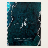 Gepersonaliseerde Monogram Blauwgroen Zilveren Aga Planner (Voorkant)
