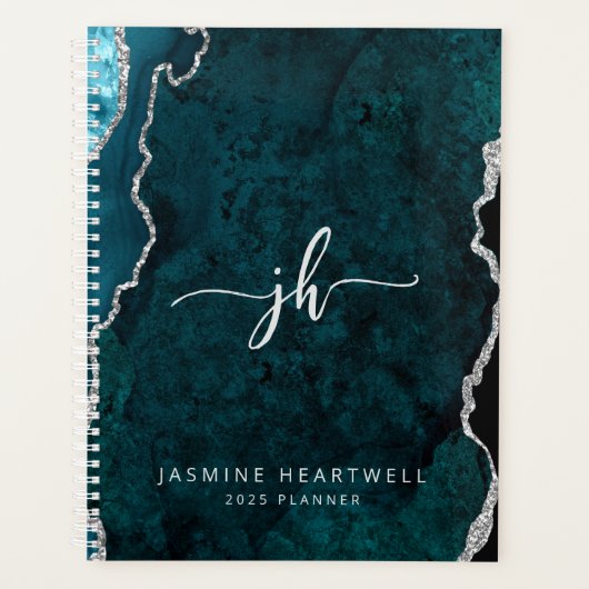 Gepersonaliseerde Monogram Blauwgroen Zilveren Aga Planner (Voorkant)