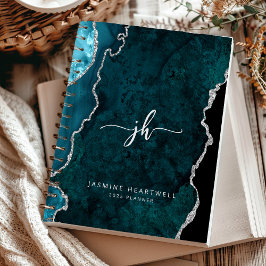 Gepersonaliseerde Monogram Blauwgroen Zilveren Aga Planner
