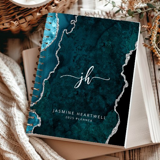 Gepersonaliseerde Monogram Blauwgroen Zilveren Aga Planner