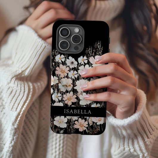 Gepersonaliseerde Monogram Bloemenpatroon Zwart Case-Mate iPhone Case