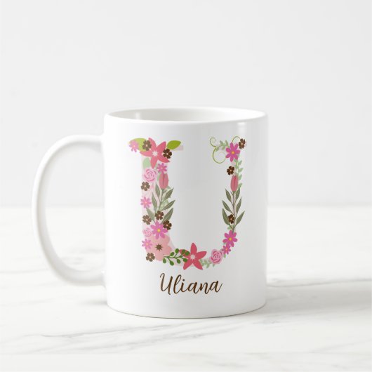 Gepersonaliseerde monogram bloemige letter U Koffiemok (Links)