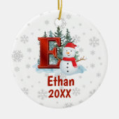 Gepersonaliseerde Monogram Brief E Snowman Kerstmi Keramisch Ornament (Voorkant)