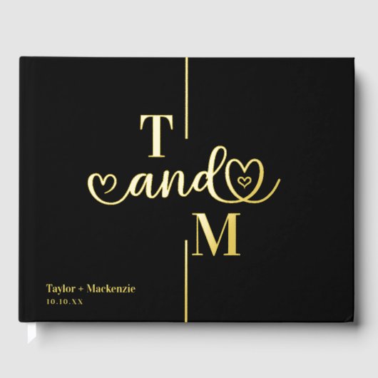 Gepersonaliseerde Monogram Bruiloft Zwart en Echte Gastenboek (Voorkant)