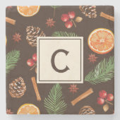 Gepersonaliseerde Monogram Citrus Botanische Kerst Stenen Onderzetter (Voorkant)