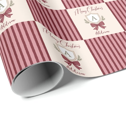 Gepersonaliseerde Monogram Crest Bow Kerstmis Cadeaupapier (Rol Hoek)