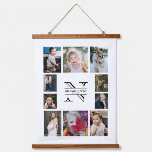 Gepersonaliseerde monogram Familie 10 Foto Collage Hangend Wandkleed