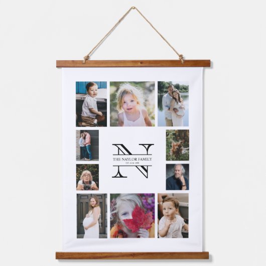 Gepersonaliseerde monogram Familie 10 Foto Collage Hangend Wandkleed (Voorkant)