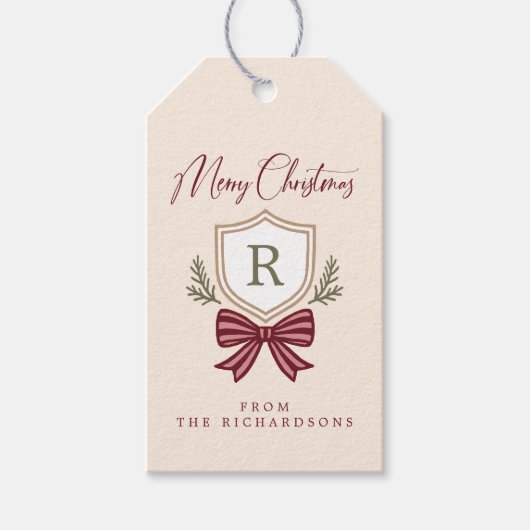 Gepersonaliseerde Monogram Gestreepte Boog Vrolijk Cadeaulabel (Voorkant)