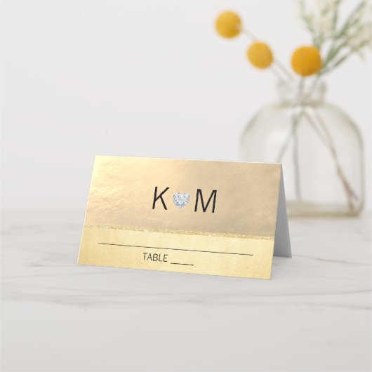 Gepersonaliseerde Monogram Gold Heart Diamond Wedd Plaatskaartje (Voorkant)