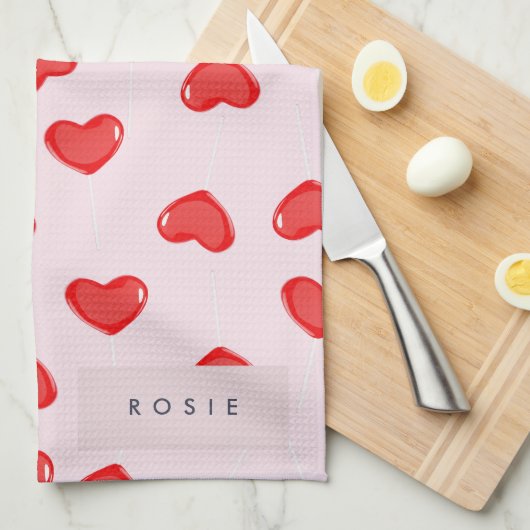 Gepersonaliseerde Monogram Hart Lolipop Valentijns Theedoek (Quarter Fold)