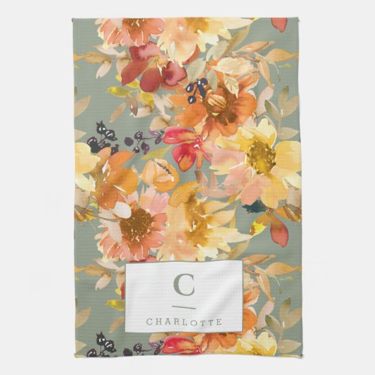 Gepersonaliseerde Monogram Herfst Herfst Floral Aa Theedoek (Verticaal)