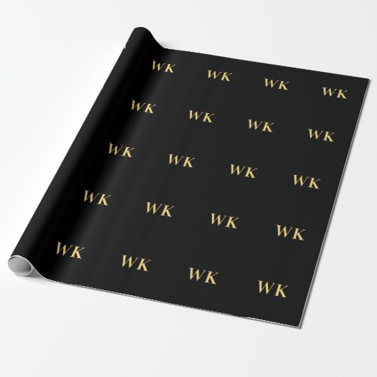 Gepersonaliseerde Monogram Initialen Zwart en Goud Cadeaupapier (Uitgerold)