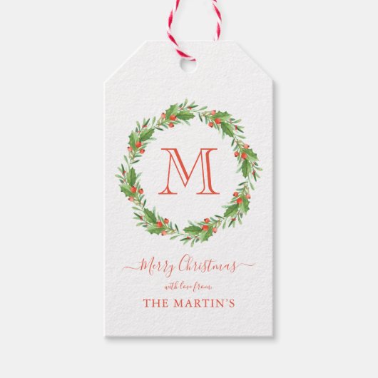 Gepersonaliseerde Monogram Kerstkrans Cadeaulabel (Voorkant)