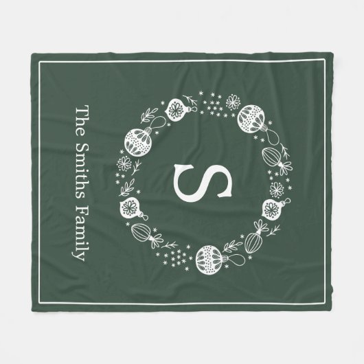 Gepersonaliseerde Monogram Kerstkrans Fleece Deken (Voorkant (Horizontaal))