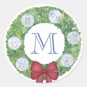 Gepersonaliseerde Monogram Kerstmis Boxwood krans Ronde Sticker