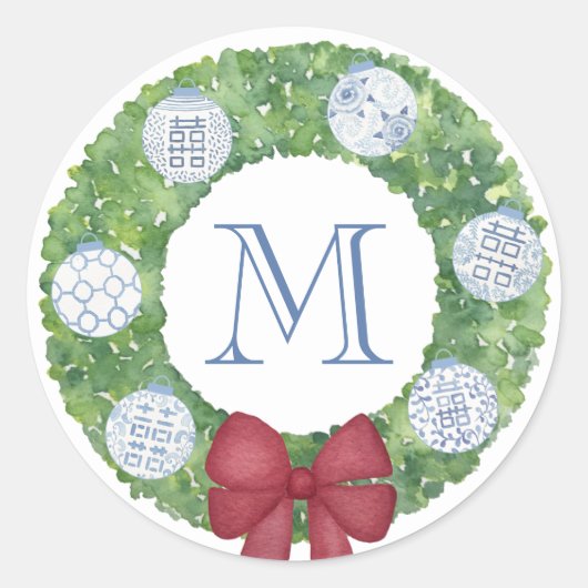 Gepersonaliseerde Monogram Kerstmis Boxwood krans Ronde Sticker (Voorkant)