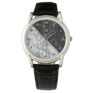 Gepersonaliseerde Monogram Let Black White Marble Horloge