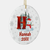 Gepersonaliseerde Monogram Letter H Snowman Kerstm Keramisch Ornament (Rechts)