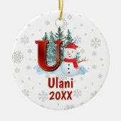 Gepersonaliseerde Monogram Letter U Snowman Kerstm Keramisch Ornament (Voorkant)