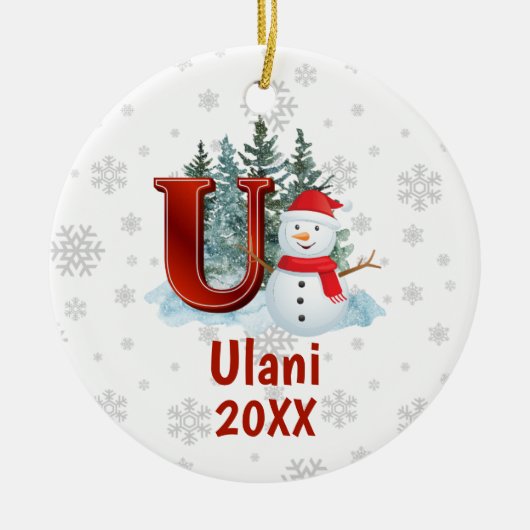 Gepersonaliseerde Monogram Letter U Snowman Kerstm Keramisch Ornament (Voorkant)