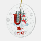 Gepersonaliseerde Monogram Letter U Snowman Kerstm Keramisch Ornament (Links)