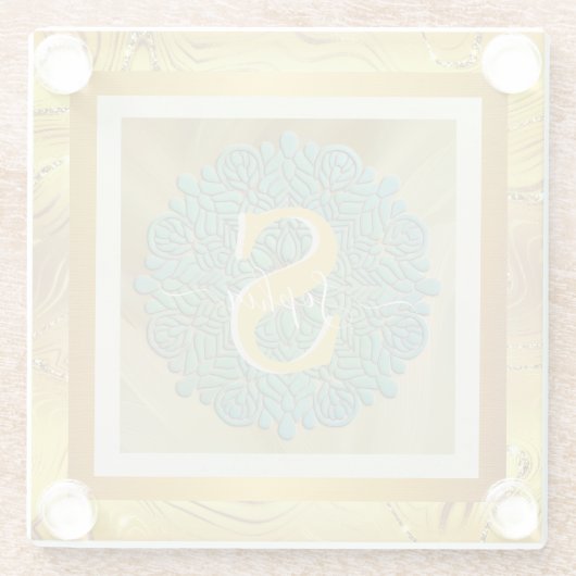 Gepersonaliseerde Monogram Mandala Goud en Blauw Glazen Onderzetter (Achterkant)