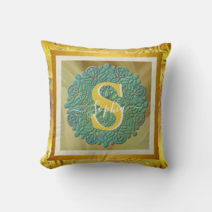 Gepersonaliseerde Monogram Mandala Goud en Blauw Kussen
