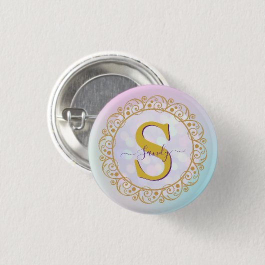 Gepersonaliseerde Monogram Mandala Goud en Blauw Ronde Button 3,2 Cm (Voorkant /achterkant)