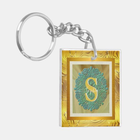 Gepersonaliseerde Monogram Mandala Goud en Blauw Sleutelhanger (Voorkant Links)