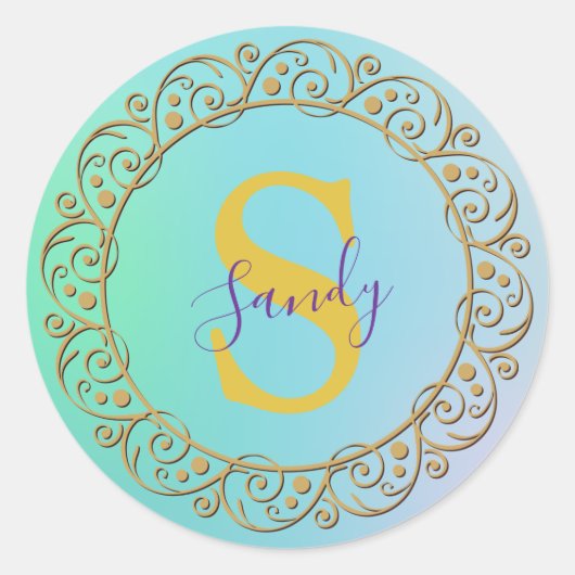 Gepersonaliseerde Monogram Mandala Goud en turquoi Ronde Sticker (Voorkant)