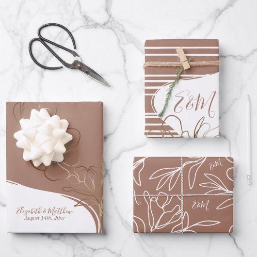 Gepersonaliseerde Monogram Mocha Bruin Bloemen Huw Inpakpapier Vel (Voorkant)