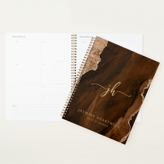 Gepersonaliseerde Monogram Mocha Bruin Gouden Agaa Planner (Display)