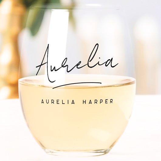 Gepersonaliseerde Monogram Modern Script Handteken Wijnglas Zonder Voet