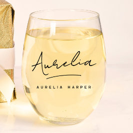 Gepersonaliseerde Monogram Modern Script Handteken Wijnglas Zonder Voet