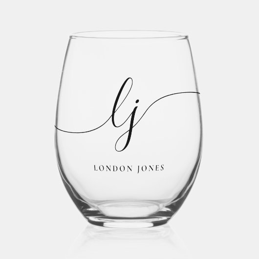 Gepersonaliseerde Monogram Modern Script Initialen Wijnglas Zonder Voet (Voorkant)