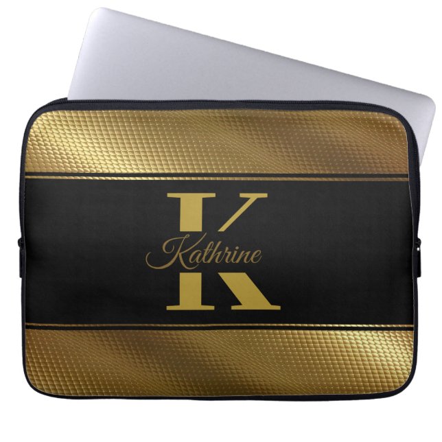 Gepersonaliseerde monogram naam Golden Black Laptop Sleeve (Voorkant)