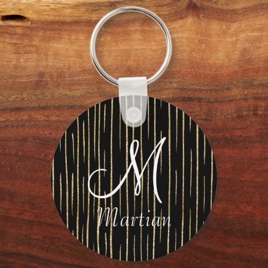 Gepersonaliseerde monogram naam goud glitter & zwa sleutelhanger (Achterkant)