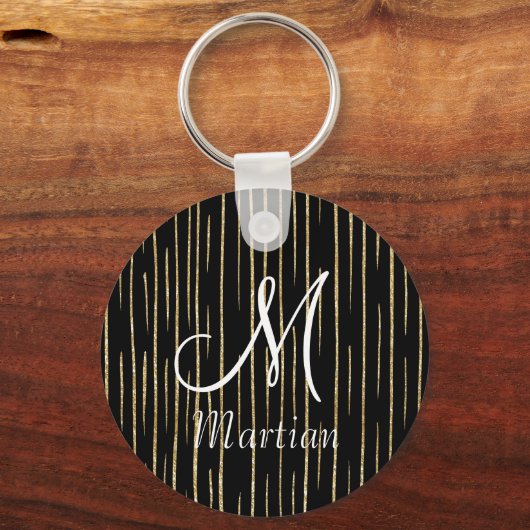 Gepersonaliseerde monogram naam goud glitter & zwa sleutelhanger (Voorkant)