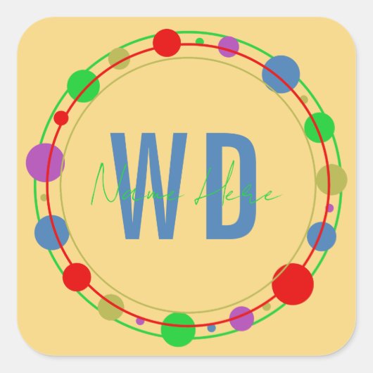 Gepersonaliseerde Monogram Naam Kleurrijke Cirkels Vierkante Sticker (Voorkant)