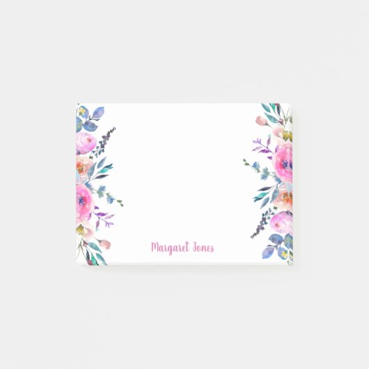 Gepersonaliseerde Monogram naam Roze blauw bloemig Post-it® Notes (Voorkant)