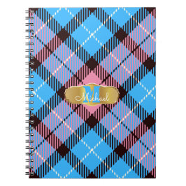 Gepersonaliseerde monogram Naam Roze Blauw Tartan Notitieboek